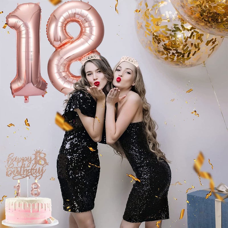 Awfrky 8pcs 18th birthday decorations for girls  Including 18th Happy Birthday Cake Toppers  Birthday Queen Sash with Pearl Pin  Sweet Rhinestone Tiara Crown  Number Candles and Balloons Set  Rose Gold - Image 5